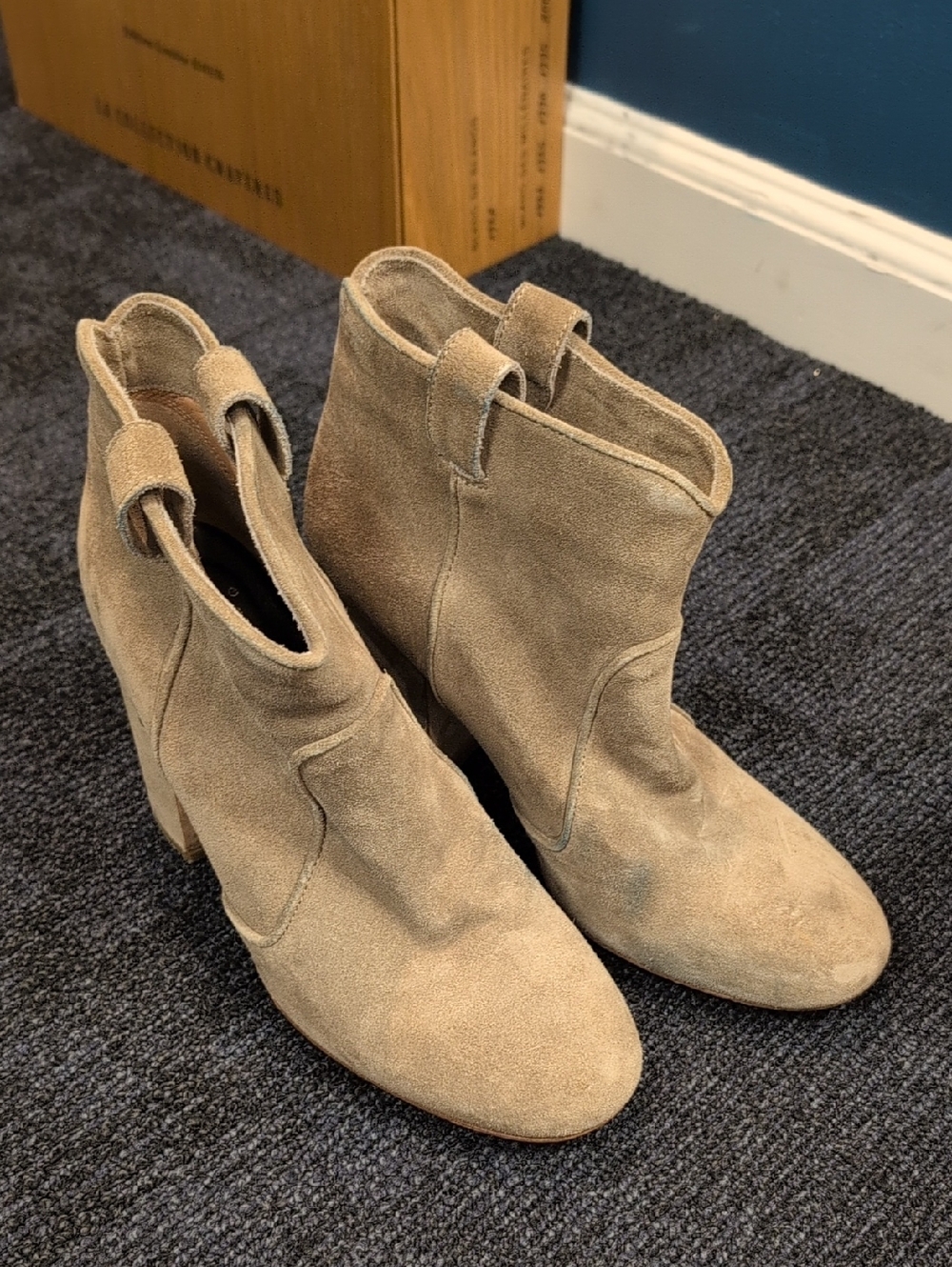 Vero Cuoio Taupe Suede Ankle Booties with Block Heel